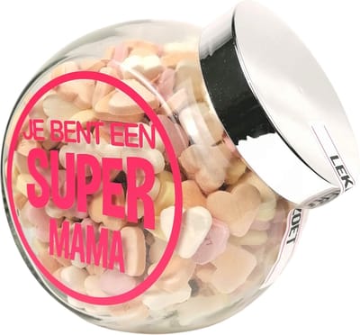 Moederdag cadeau - Snoeppot "Je bent een supermama" gevuld met snoephartjes