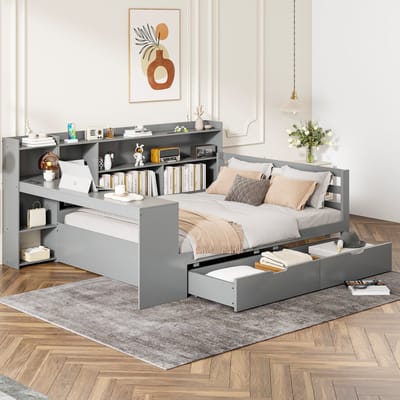 FloraGrace Slaapbank 140x200 cm - Met Bureau en Boekenrek - Met Stopcontact en USB Oplaadpunten - Met 2 Lades - Zonder Matras - Hout - Grijs