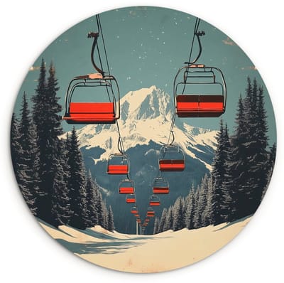WallCircle® Wandcirkel 120x120 cm - Muurcirkel Sneeuw - Skilift - Rood - Bomen - Muurdecoratie woonkamer - Wanddecoratie slaapkamer - Kamer decoratie accessoires - Ronde schilderijen XXL