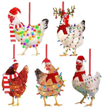 Dailygoody - Houten Kersthangers - Grappige Kip Figuur - 5 Stuks - Bruin - Kerstversiering - Voor De Kerstboom - Inclusief Koord