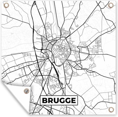 Tuin poster Zwart Wit – België – Plattegrond – Stadskaart – Kaart – Brugge - 200x200 cm - Tuindoek