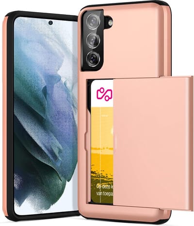 Hoesje met Pasjeshouder geschikt voor Samsung Galaxy S21 FE - Back Cover SlideCase Roségoud