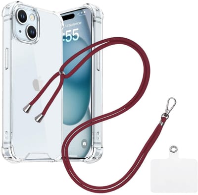 Shock Proof Case Hoes Geschikt voor iPhone 15 Plus Hoesje Transparant Met universele Telefoonkoord bordeaux - Cover - Nek Hanger - Koord Hoes