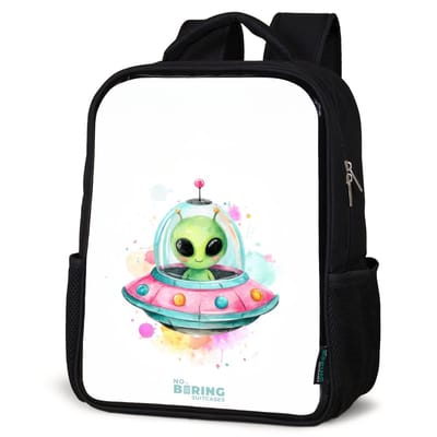 NoBoringSuitcases.com® - Rugzak zwart - Schooltas jongen & meisje - Groene alien in kleurrijke UFO - Rugtas voor school - Boekentas kind - Schoolrugzak - Kinderrugzak