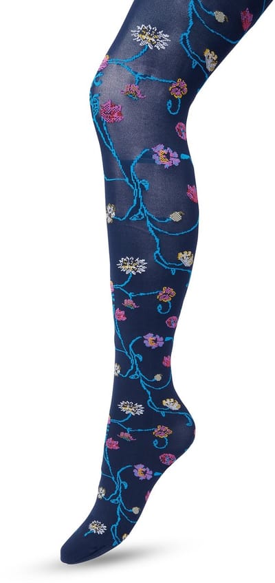 Bonnie Doon Bloemen Panty 80 Denier Donker Blauw Dames maat S/M - Bloemen Print - Gladde Naden - Maximaal Draagcomfort - Floral Tights - Chique Panty - Feestelijk - Gebloemd - Kleurrijk - Bloemenprint - Donkerblauw - Dark Blue - BP221906.111