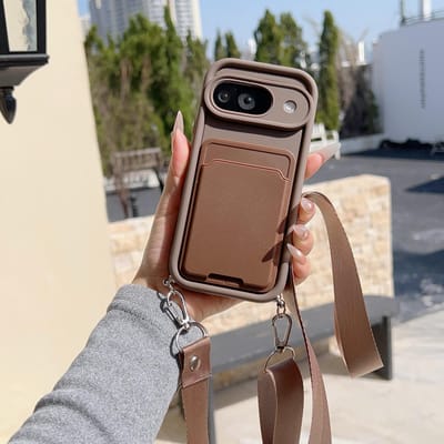 Portefeuille en Silicone de Luxe Porte-Cartes Coque de Téléphone avec Sangle Lanière Bandoulière pour Google Pixel 10 9 Pro 9A 8 7 Pro XL 10Pro Google Pixel 7 Pro marron
