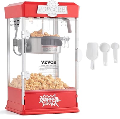 Popcornmachine - Elektrische Popcornmachine 480W - Popcorn Maker Bioscoopstijl voor Thuis - Tafel Popcornmachine Rood - Maakt 1.5L per Keer - Popcorn Apparaat - Vintage Design - Retro Popcornmaker - Inclusief 3 Schoppen - 48.5 cm Hoog