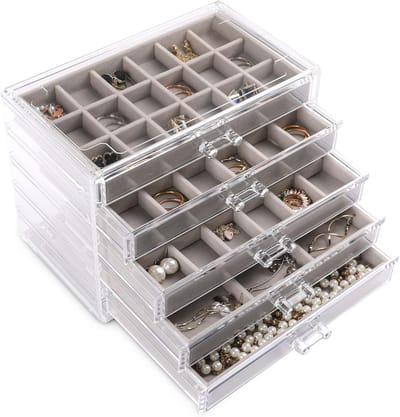 Stijlvolle Acryl Sieradenorganiser met 5 Lades, Stapelbare Opbergdoos voor Oorbellen, Ringen en Armbanden in Grijs