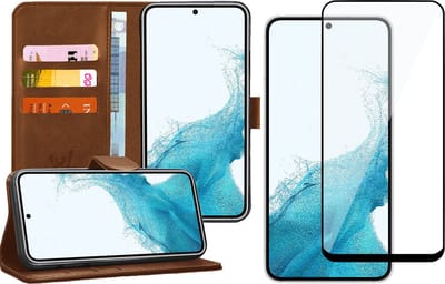 Hoesje geschikt voor Samsung Galaxy S22 - Book Case Kunstleer Wallet Cover Portemonnee Pasjeshouder Hoes Bruin - Full Tempered Glass Screenprotector