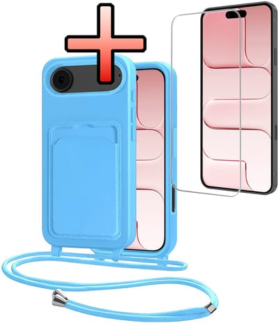 Hoes Geschikt voor iPhone Air Hoesje Pasjeshouder Cover Met Koord Case Siliconen Hoes Met Telefoonkoord en Kaarthouder Met Screenprotector - Lichtblauw