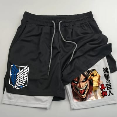Anime Attack on Titan Print Heren Twee-in-Eén Dubbellaags Sport Fitness Casual Shorts L black
