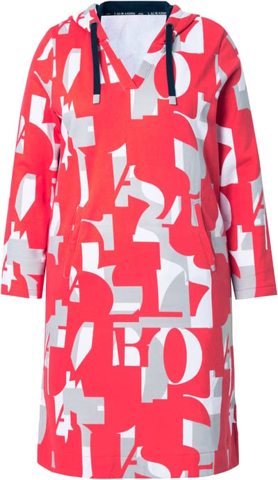 Laurasøn - Dames - Sweatjurk met grafische print capuchon lange mouwen OEKO-TEX - Lichtrood - Maat 52+