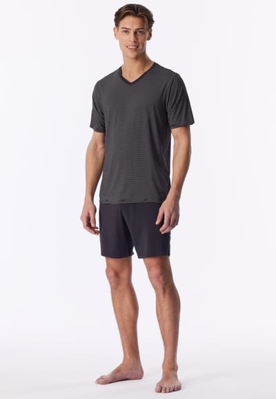 Korte pyjama van modalvezel met v-hals en strepen in grafiet - Long Life Soft 48