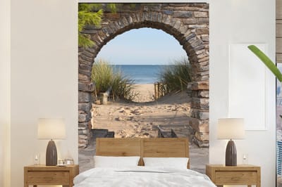 Behang - Fotobehang Doorkijk - Strand - Duin - Planten - Breedte 200 cm x hoogte 300 cm