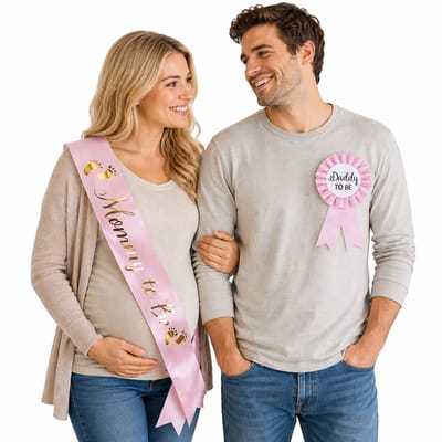 Babyshower set Sjerp Mommy to Be roze met gouden letters en rozet Daddy to be licht roze - babyshower - gender reveal - kraamfeest - zwanger - geboorte