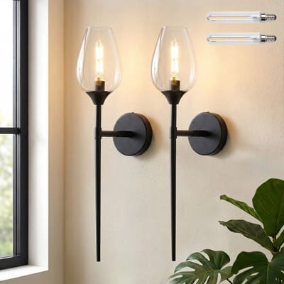 MUPOO Zwart Wandlamp binnen Helder glas Tulpvorm-Hotel Chique Nachtlampje -Inclusief E14 LED- bedlampje Voor Slaapkamer Gang Woonkamer-2 Stuks