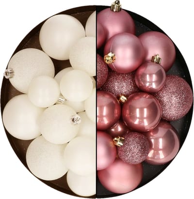 Kerstballen 60x stuks - mix oudroze/wol wit - 4-5-6 cm - kunststof - kerstversiering