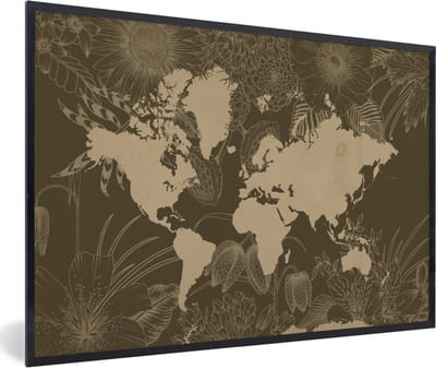 Poster in lijst - Fotolijst 90x60 cm - Posters - Wereldkaart - Bloemen - Bruin - Posterlijst zwart - Decoratie - Wanddecoratie woonkamer - Muurdecoratie slaapkamer