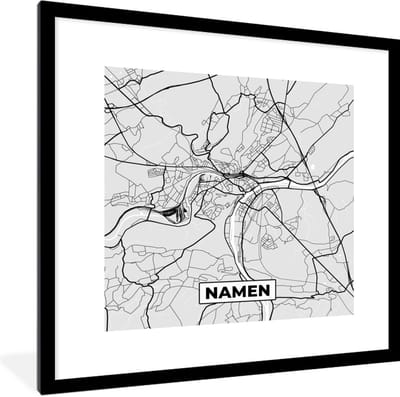 Fotolijst incl. Poster Zwart Wit- Plattegrond – Namen – Zwart Wit – Stadskaart - Kaart - 40x40 cm - Posterlijst