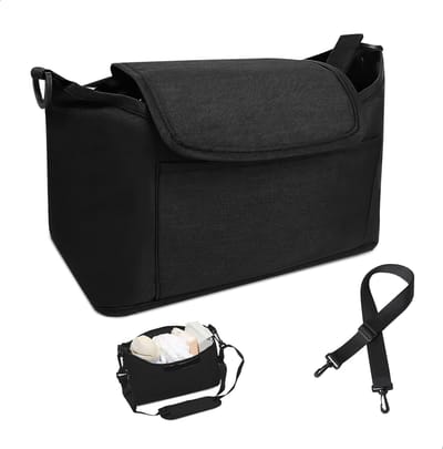 Unyqoos® Universele kinderwagen organizer met schouderriem en fleshouders, zwart