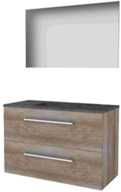 Basic-Line Basic 46 Badkamermeubelset - 100 x 46 cm - Met Grepen - 2 Lades - Hardstenen Wastafel - Zonder Kraangat - Spiegel - Scotch Oak