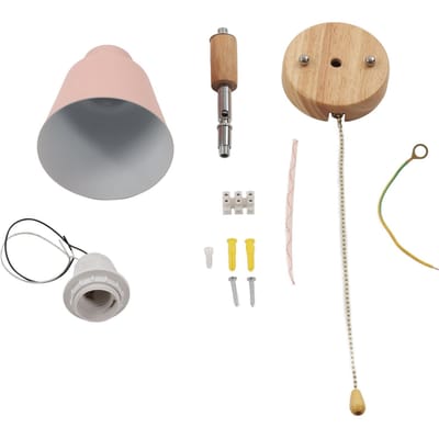 Applique murale Macaron, abat-jour rose peu encombrant, avec base en bois, pour salon beige