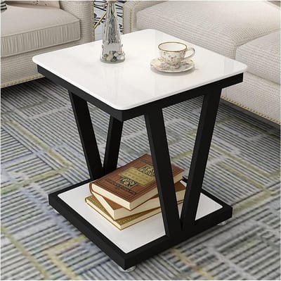 Bijzettafel - Glazen tafel - Woonkamer decoratie - Met opbergplank - 50x50x60 cm - Wit Zwart
