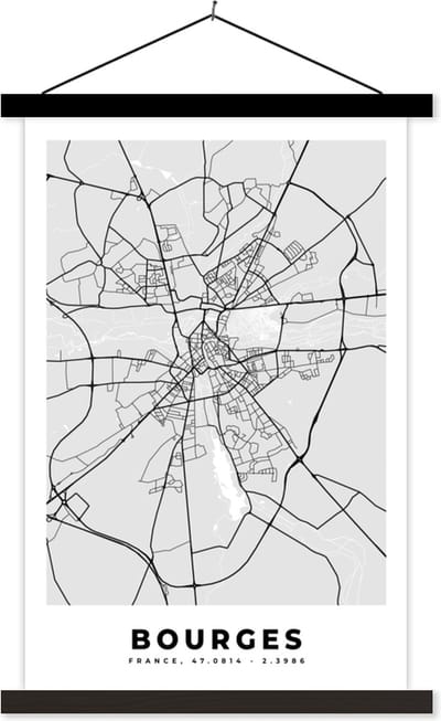 Posterhanger incl. Poster 40x60 cm - Schoolplaat - Kaart - Stadskaart - Bourges - Plattegrond - Frankrijk - Textielposter - Zwarte latten - Stadskaart