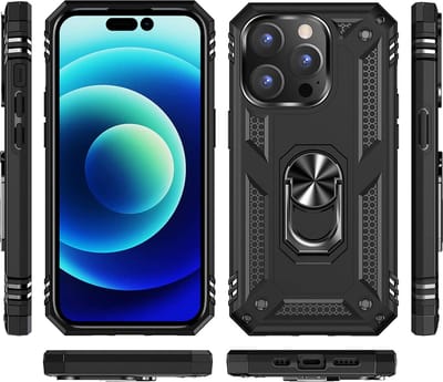 Casemania Hoesje Geschikt voor Apple iPhone 14 Pro - Zwart / 2X Glazen Screenprotector - Anti-Shock Hybrid Armor Back Cover - Hoes met Kickstand Ring
