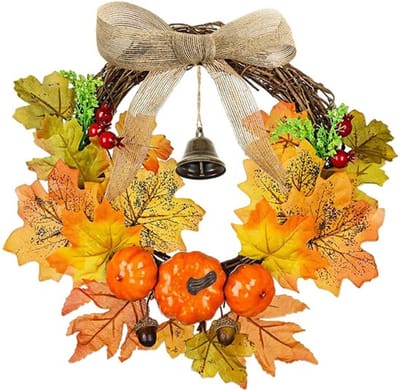 Herfstkrans 30cm Kunststof Deurkrans voor Herfst Kunstpompoen Krans Deurkrans voor Herfstdecoratie met Pompoen Esdoornbladeren Dennenappels Hangende Guirlande voor Bruiloft Halloween Raam