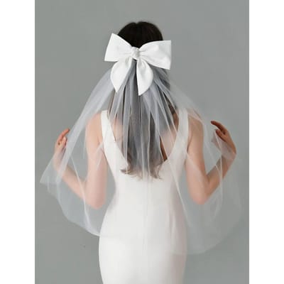 1 pièce Élégant Chapeau de Tête de Mariage Nuptial Ivoire Blanc Ornement de Tête Nœud Voile Court Décoration Arrière de Tête Accessoires pour Cheveux white