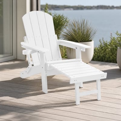 Opvouwbare Adirondack tuinstoel met voetenbank en bekerhouder - witte HIPS kunststof loungestoel, verstelbare relaxstoel voor tuin, terras, veranda en balkon, met hoge rugleuning, outdoor living comfort en onderhoudsarme houtlook, 70 x 87/136 x 91 cm