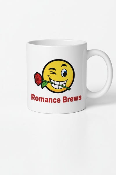 Romantische Mok 'Romance Brews' met Winkende Emoji en Roos - Koffiemok Cadeau