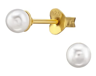Joy|S - Zilveren parel oorbellen - 4 mm - wit - glas - gold plated
