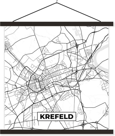 Posterhanger incl. Poster 60x60 cm - Schoolplaat - Krelefeld - Plattegrond - Stadskaart - Kaart - Textielposter - Zwarte latten - Stadskaart