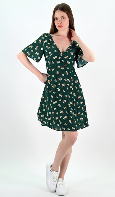 YesMooi - Mini Jurk met Bloemenprint - V-hals en Open Rug - XL (42) - Donkergroen | Wit | Lichtroze | Geel
