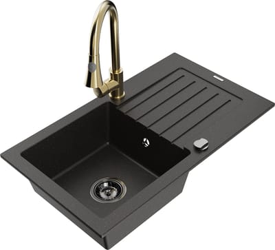 Mexen Pablo granieten spoelbak met 1 kom, afdruiprek en Elia keukenkraan, zwart/gouden metallic - 6510-75-670101-50-B