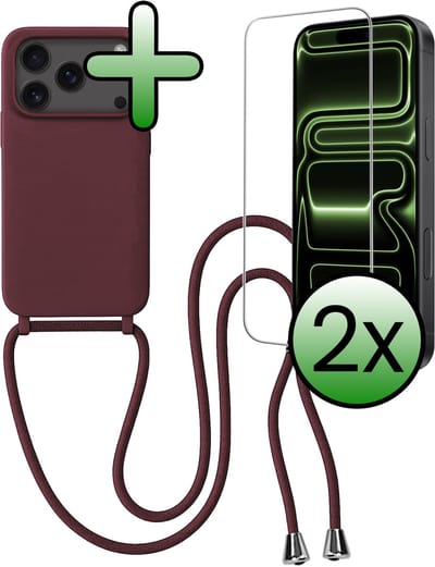 Hoes Geschikt voor iPhone 17 Pro / 18 Pro Hoesje Met Koord Met 2x Screenprotector - Telefoonhoesje Geschikt voor iPhone 17 Pro / 18 Pro Backcover Met Afneembaar Koord - Aubergine