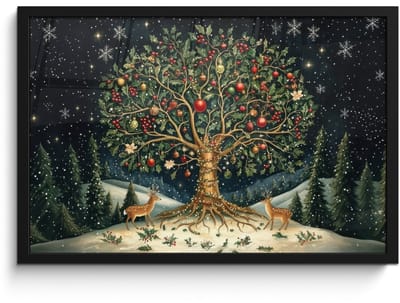 Poster in lijst - Fotolijst 60x40 cm - Posters - Feestboom - Winterhemel - Kleurrijk - Posterlijst zwart - Decoratie - Wanddecoratie woonkamer - Muurdecoratie slaapkamer - Kerstversiering - Kerstdecoratie voor binnen - Kerstmis