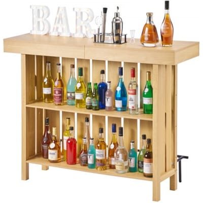 VEVOR 3-laags thuisbar, houten barblad met voetensteun en flesopenerhouder, moderne bar met ruime opbergruimte voor woonkamer en kelder, draagvermogen tot 81,6 kg, 1400 x 398 x 1055 mm
