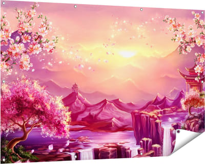 Gards Tuinposter Illustratie van Watervallen met Bloesems - 150x100 cm - Tuindoek - Tuindecoratie - Wanddecoratie buiten - Tuinschilderij