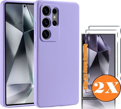 Hoesje geschikt voor Samsung Galaxy S25 Ultra Hoesje siliconen Lila zacht TPU backcover - Met gehard glas screenprotector Galaxy S25 Ultra - 2 stuks