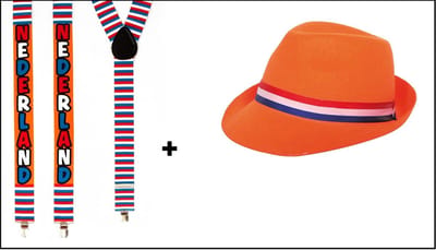 1x Festival hoedje oranje + 1x Luxe bretel Nederland - Koningsdag EK WK Holland festival thema feest Orange