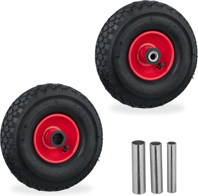 steekwagenwiel - set van 2 - luchtband - 3.00-4 - skelterwiel - 3 adapters - zwart-rood