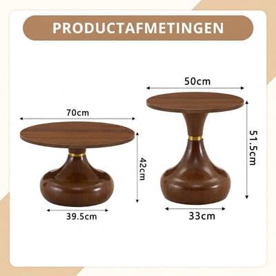 Salontafel Set van 2 - Ronde Salontafel Walnoot - Houtoptiek - Woonkamer - Bruin