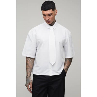 Oversized Boxy Shirt Met Halve Mouw En Stropdas | White | Size Medium