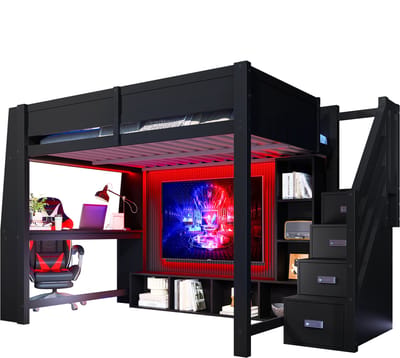 Houten hoogslaper met bureau - Multifunctioneel bed - Met trap en kasten - Zwarte hoogslaper 140x200 - 140x200 cm - Studeren - Kinderkamer Zwart