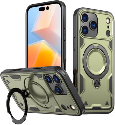 Hoesje Geschikt voor iPhone 17 Pro Max Hoesje Groen - Geschikt voor MagSafe Armor Hoesje met Met Draaibare Ring Houder