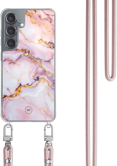 Hoesje met koord geschikt voor Samsung Galaxy S25 - Marble pink - Inclusief Rosegoud koord - Crossbody beschermhoes - Transparant, Multi - Mooie Telefoonhoesjes