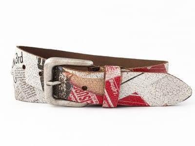 Leren Broekriem Dames en Heren – 4 cm Breed – Retro Crack Leer met Vintage Print – Rood/Wit – Maat 95 – Totale Lengte 110 cm